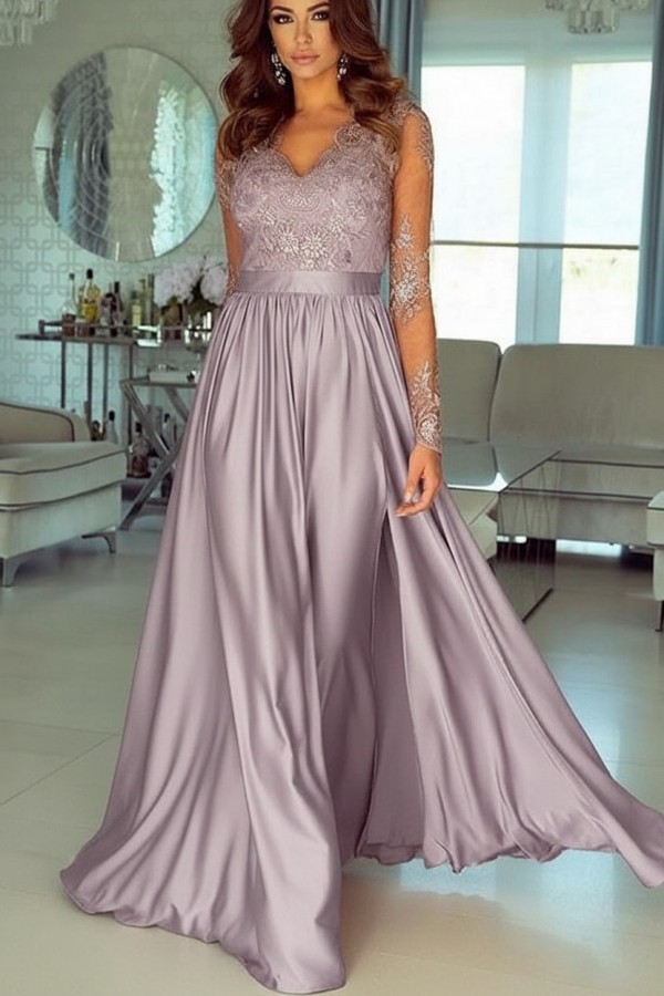 Champagne Abendkleider Lang Mit Ärmel Spitze Abendmoden Günstig