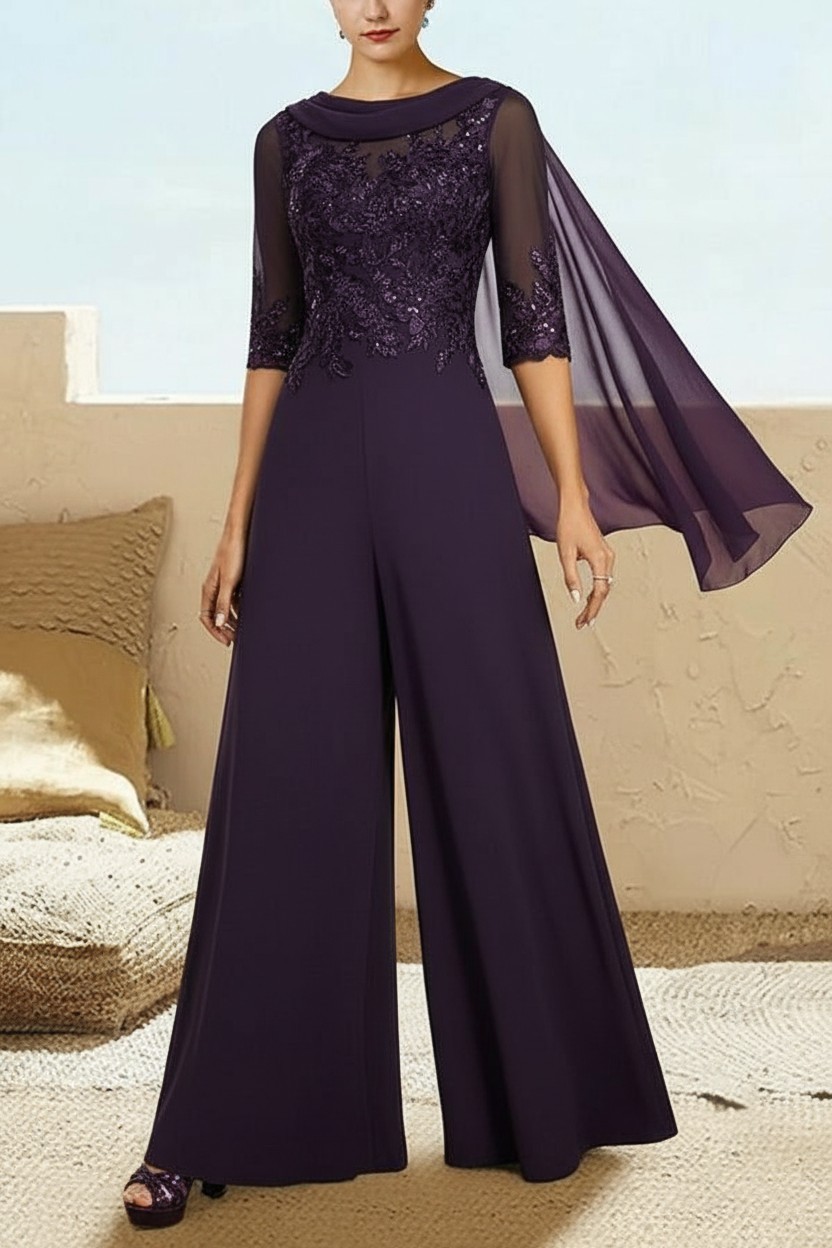 Navy Blau Jumpsuit Hosenanzüge Lang Chiffon Brautmutterkleider mit Ärmel