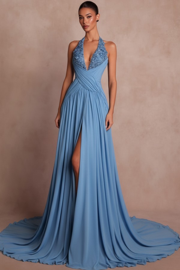 Schlichte Abendkleider Lang V Ausschnitt Chiffon Ballkleider mit Glitzer