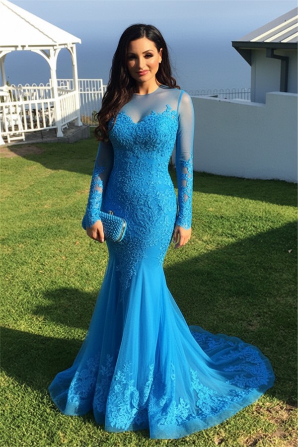 Schwarz Abendkleider Lang Ärmel Spitze Meerjungfrau Abendmoden Partykleider