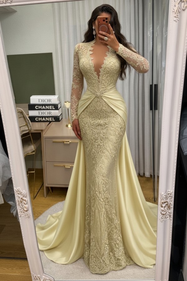 Wunderschöne Abendkleider Lang Spitze Abiballkleider mit Ärmel