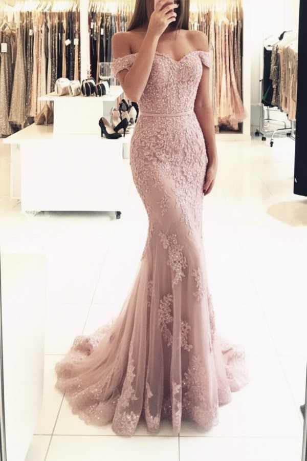 Rot Lange Abendkleider Spitze Perlen Schulterfrei Meerjungfrau Abibllkleider Partykleider BA3809