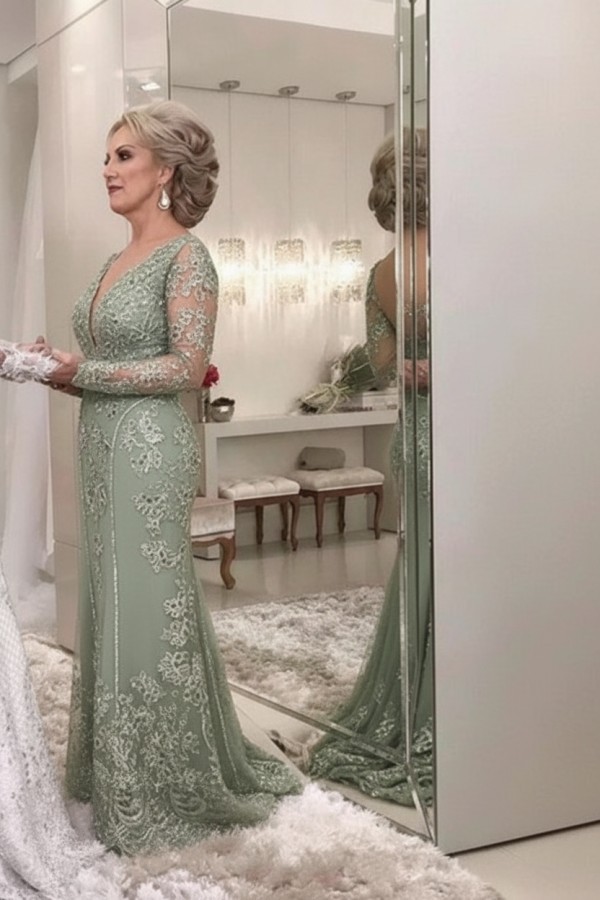 Golden Brautmutterkleider Spitze Mit Ärmel Günstig Abendkleider für Hochzeit Online