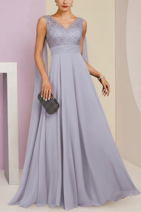 Brautmutterkleid Lang Blau Kleider für Brautmutter mit Ärmel