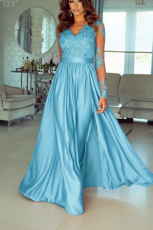 Champagne Abendkleider Lang Mit Ärmel Spitze Abendmoden Günstig