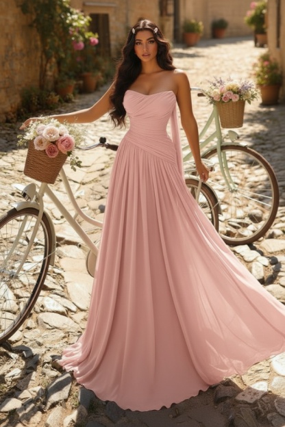 Rosa Abendkleider Lang Schlicht Chiffon Festliche Ballkleider