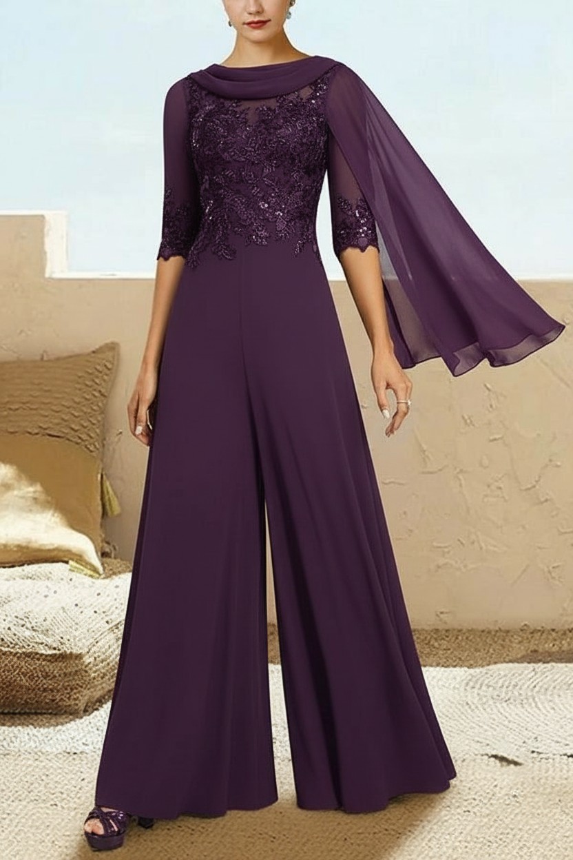 Navy Blau Jumpsuit Hosenanzüge Lang Chiffon Brautmutterkleider mit Ärmel