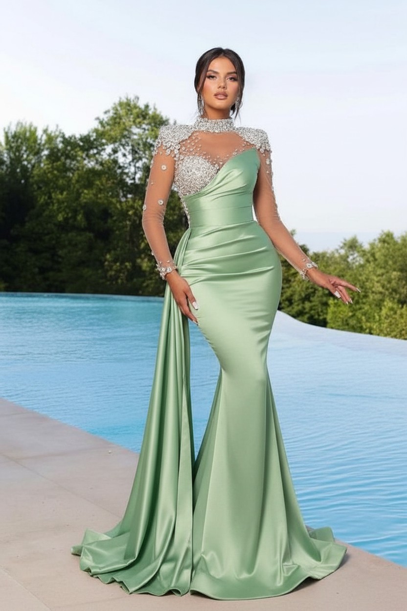 Designer Abendkleider Lang Grün | Abiballkleider mit Ärmel