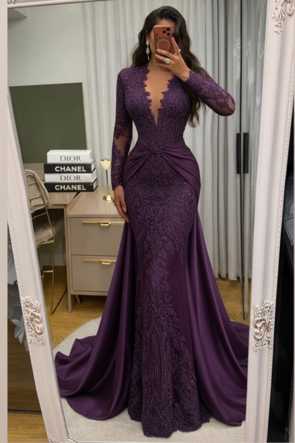 Wunderschöne Abendkleider Lang Spitze Abiballkleider mit Ärmel