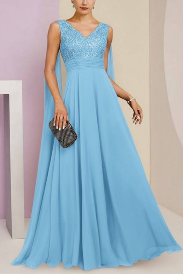 Brautmutterkleid Lang Blau Kleider für Brautmutter mit Ärmel