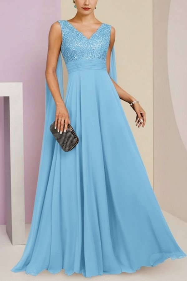 Brautmutterkleid Lang Blau Kleider für Brautmutter mit Ärmel