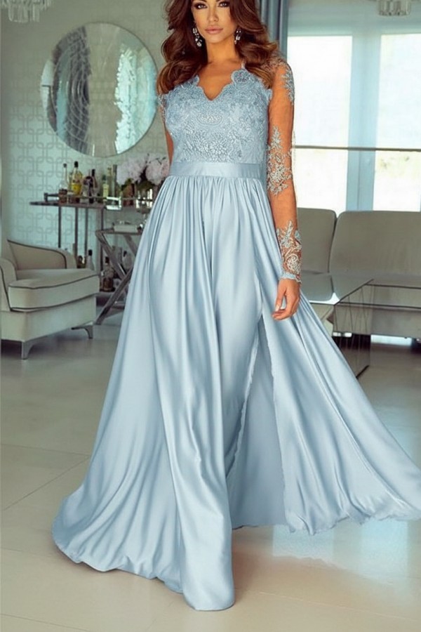 Champagne Abendkleider Lang Mit Ärmel Spitze Abendmoden Günstig