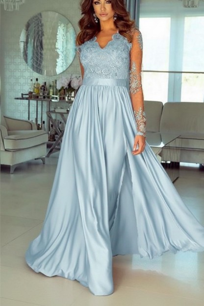 Champagne Abendkleider Lang Mit Ärmel Spitze Abendmoden Günstig