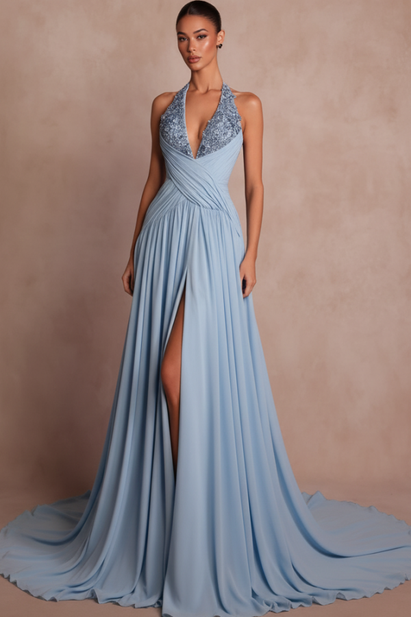 Schlichte Abendkleider Lang V Ausschnitt Chiffon Ballkleider mit Glitzer