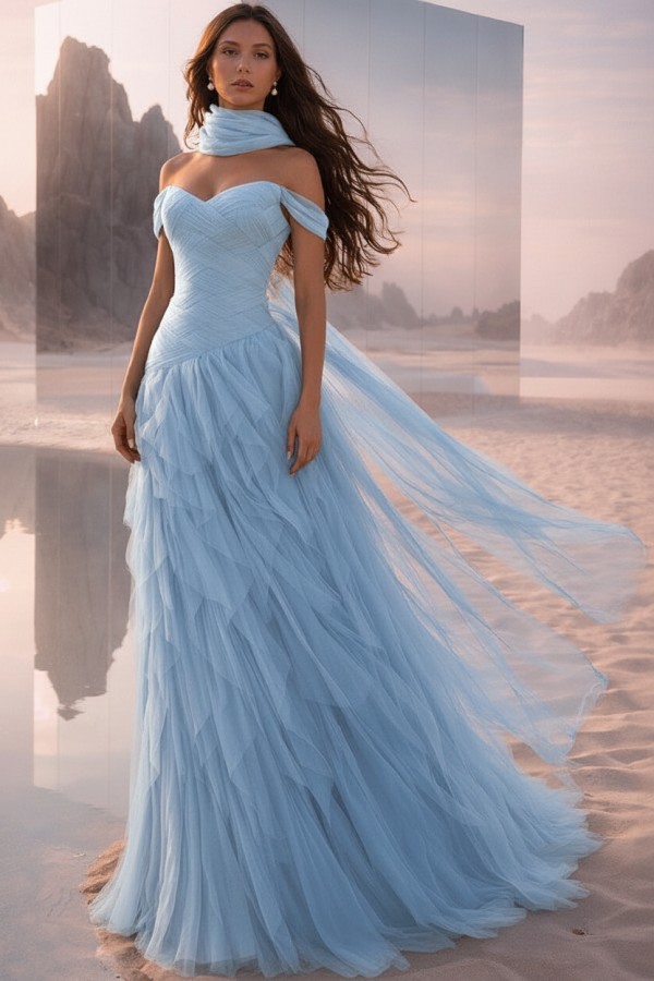  Tintenblau Abendkleider Lang Tüll Ballkleider Abiballkleider Online