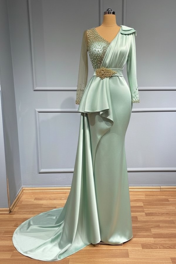 Olive Grün Abendkleider Lang Glitzer | Abiballkleider mit Ärmel