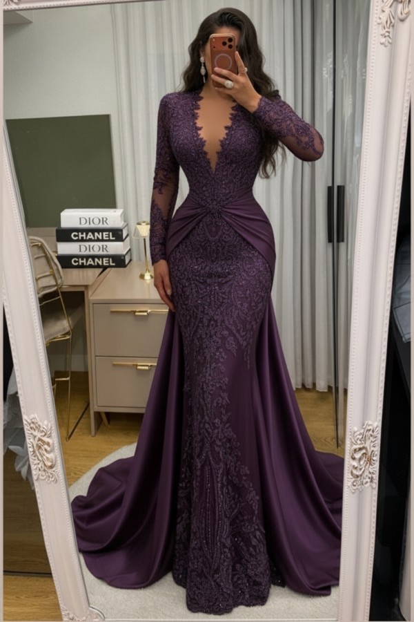 Wunderschöne Abendkleider Lang Spitze Abiballkleider mit Ärmel