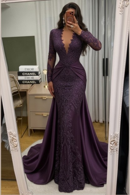 Wunderschöne Abendkleider Lang Spitze Abiballkleider mit Ärmel