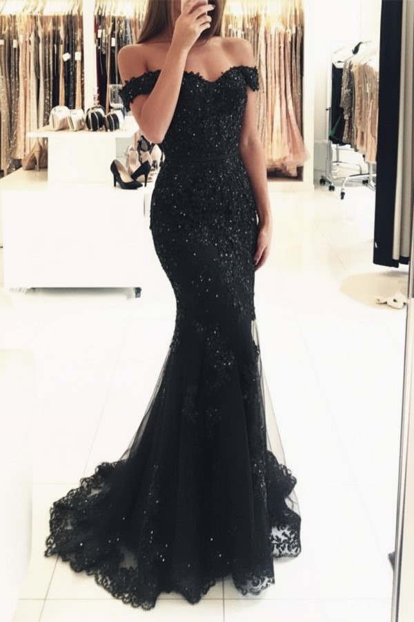 Rot Lange Abendkleider Spitze Perlen Schulterfrei Meerjungfrau Abibllkleider Partykleider BA3809