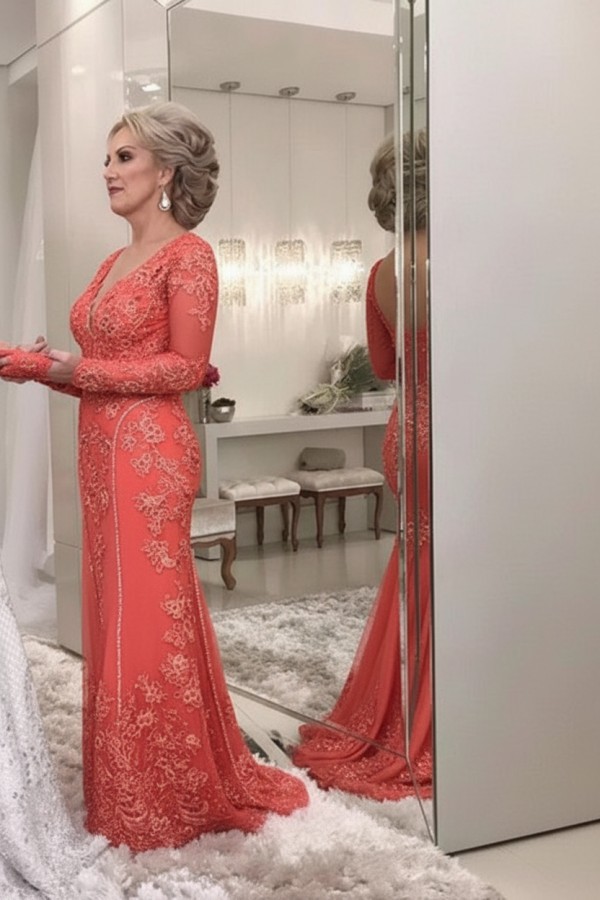 Golden Brautmutterkleider Spitze Mit Ärmel Günstig Abendkleider für Hochzeit Online