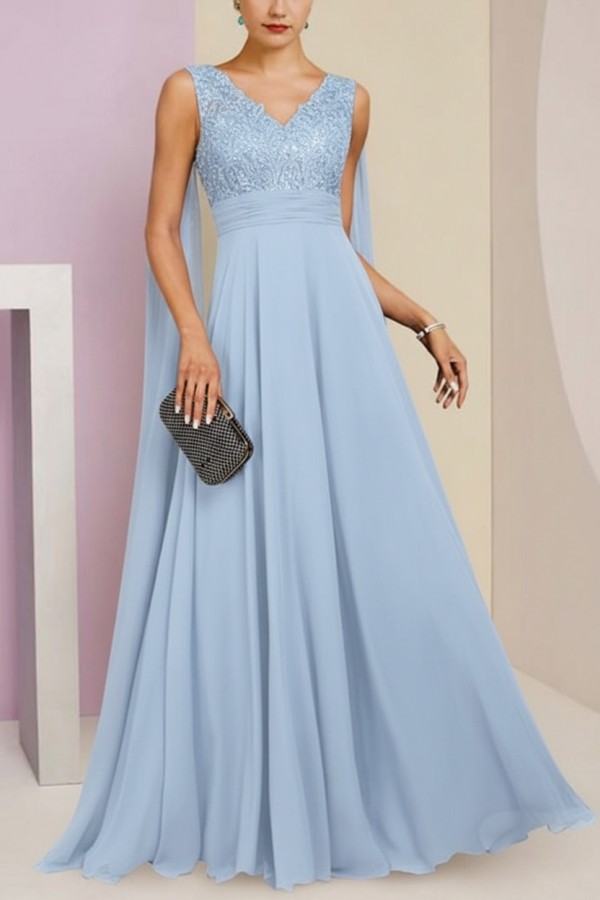 Brautmutterkleid Lang Blau Kleider für Brautmutter mit Ärmel