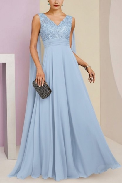 Brautmutterkleid Lang Blau Kleider für Brautmutter mit Ärmel