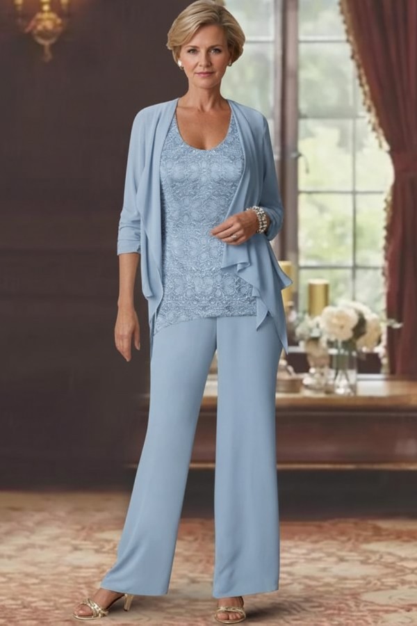 Silber Brautmutter Hosenanzug Chiffon Brautmutterkleider mit Spitze