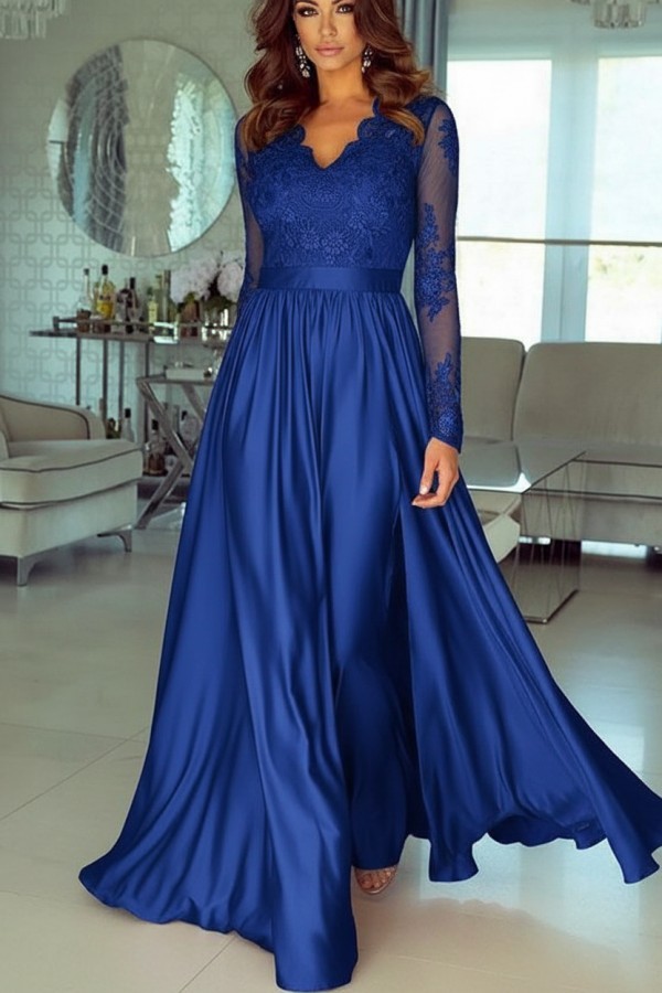 Champagne Abendkleider Lang Mit Ärmel Spitze Abendmoden Günstig