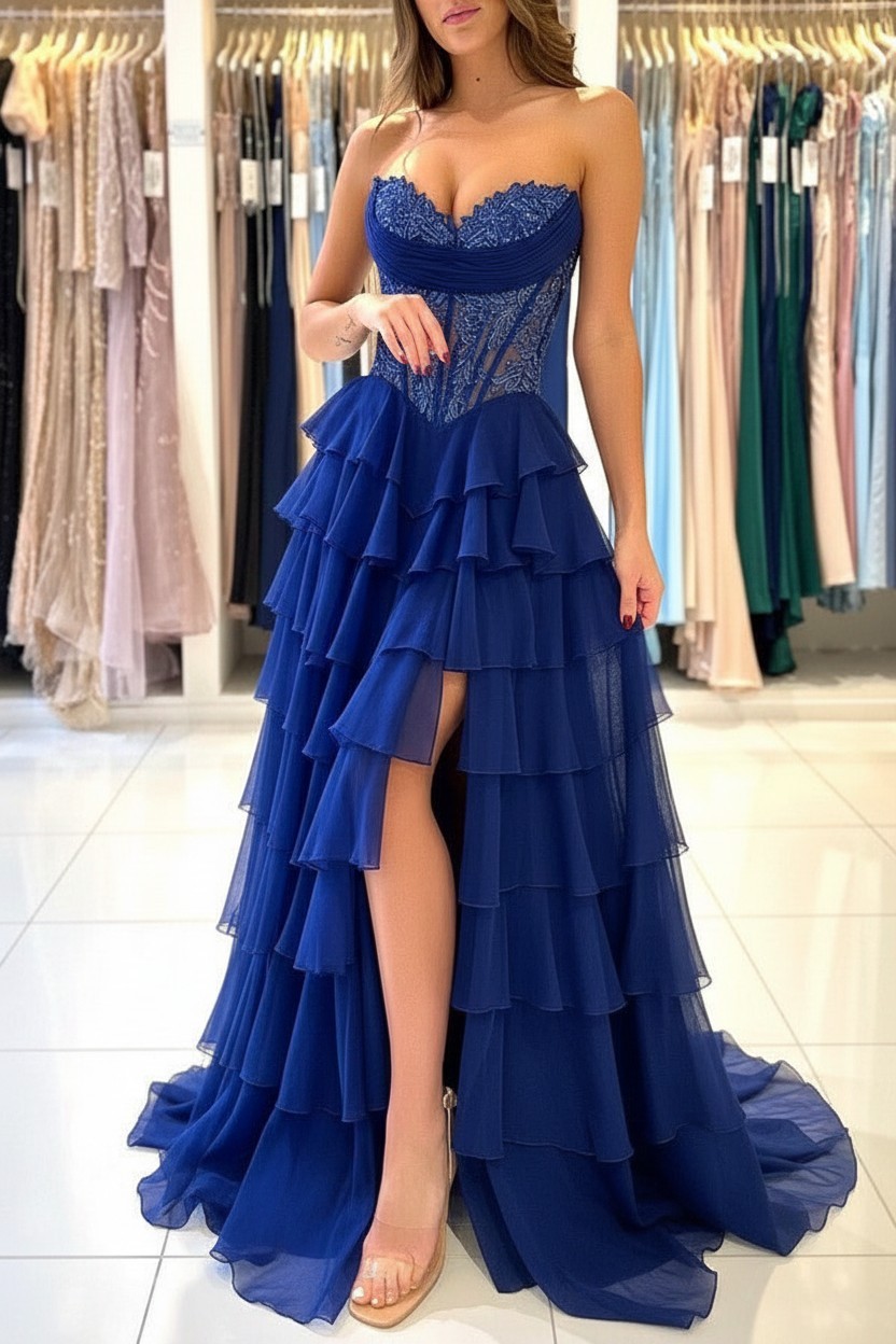 Elegante Abendkleider Lang Blau Ballkleider Mit Spitze