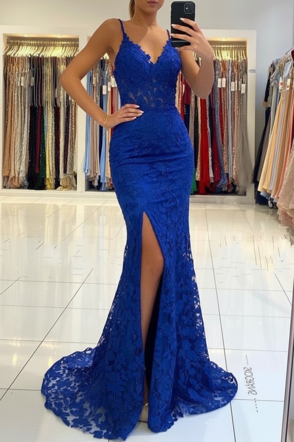 Elegante Abendkleider Blau | Spitze Abiballkleider Meerjungfrau