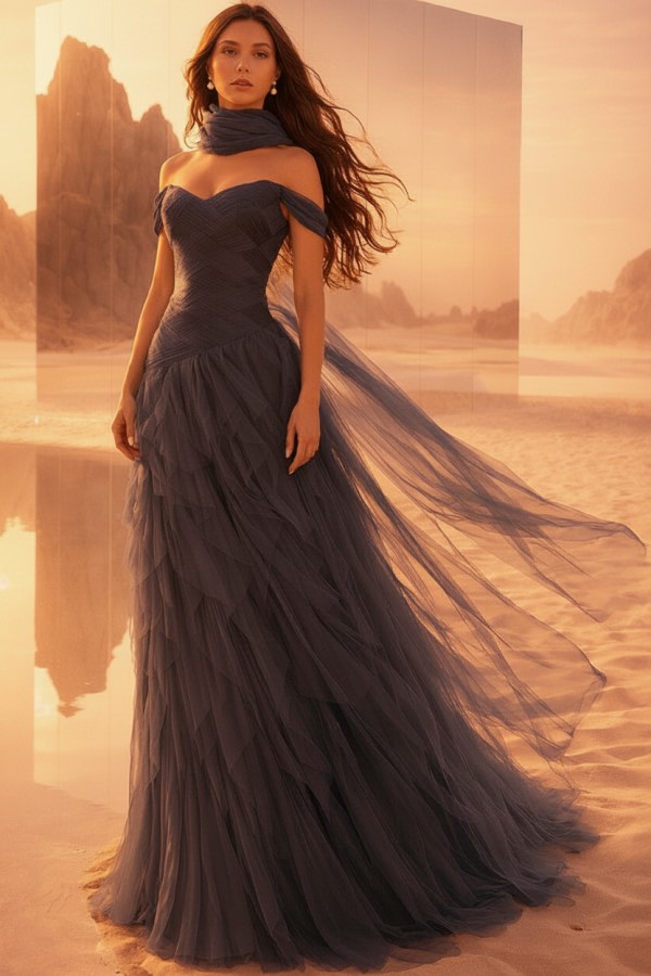  Tintenblau Abendkleider Lang Tüll Ballkleider Abiballkleider Online