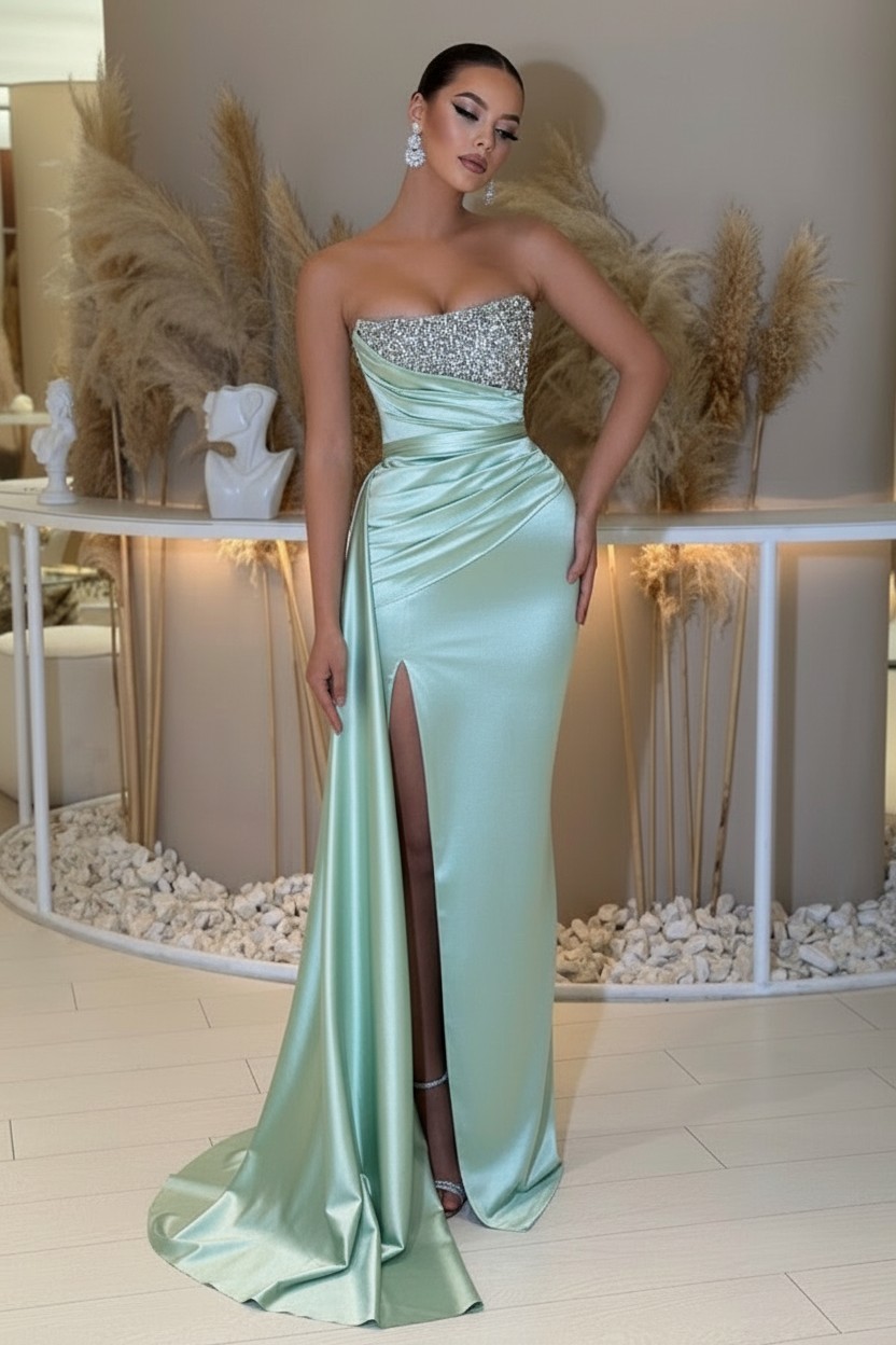 Dusty Grün Abendkleider Lang Günstig | Abiballkleider mit Glitzer