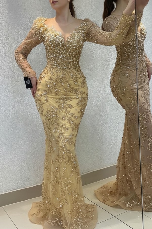 Schöne Abendkleider Lang Gold | Spitze Abiballkleider mit Glitzer