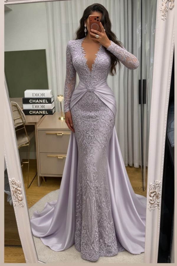 Wunderschöne Abendkleider Lang Spitze Abiballkleider mit Ärmel