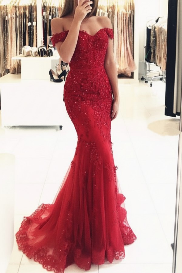 Rot Lange Abendkleider Spitze Perlen Schulterfrei Meerjungfrau Abibllkleider Partykleider BA3809