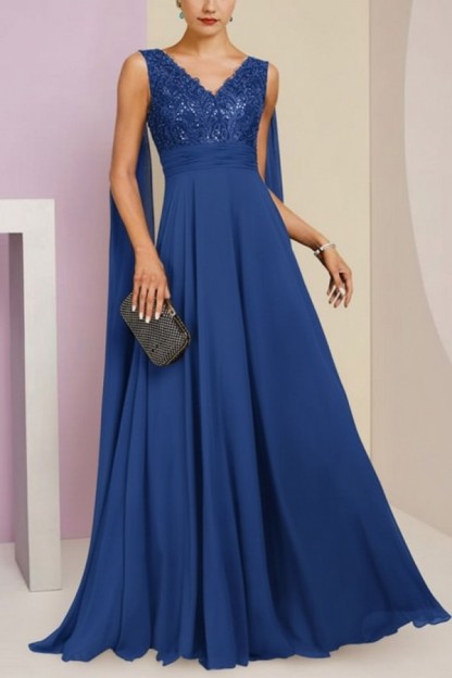 Brautmutterkleid Lang Blau Kleider für Brautmutter mit Ärmel