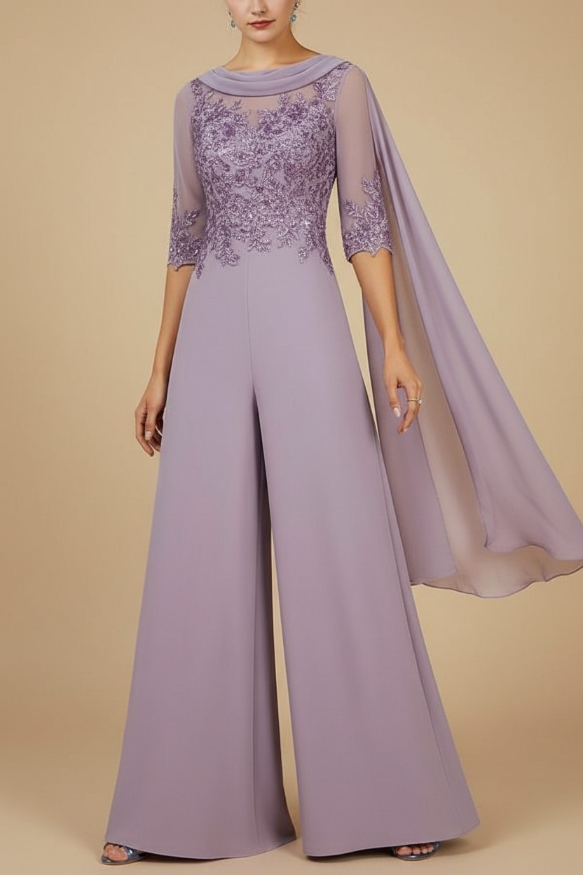 Navy Blau Jumpsuit Hosenanzüge Lang Chiffon Brautmutterkleider mit Ärmel