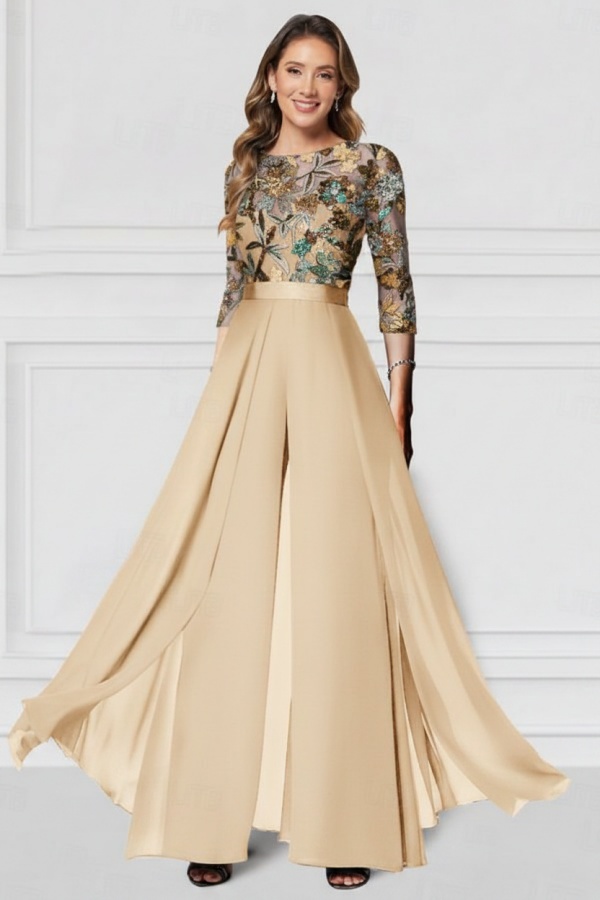 Festliche Hosenanzüge Lang Glitzer | Chiffon Schwarz Brautmutterkleider mit Ärmel