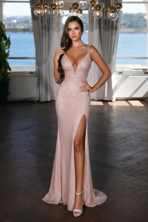 Sexy Abendkleid Lang Schwarz | Abiballkleid mit Glitzer