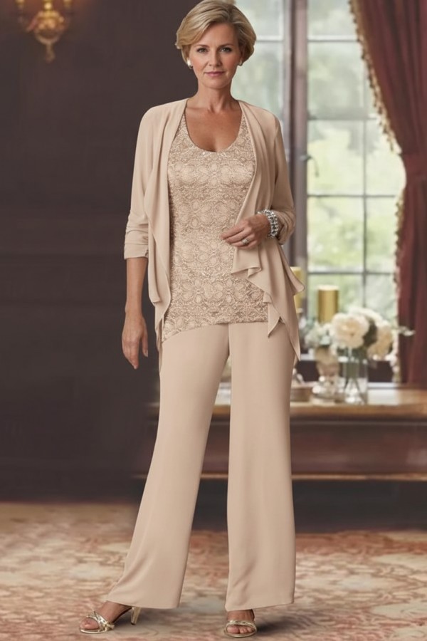 Silber Brautmutter Hosenanzug Chiffon Brautmutterkleider mit Spitze