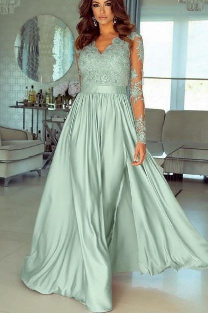 Champagne Abendkleider Lang Mit Ärmel Spitze Abendmoden Günstig