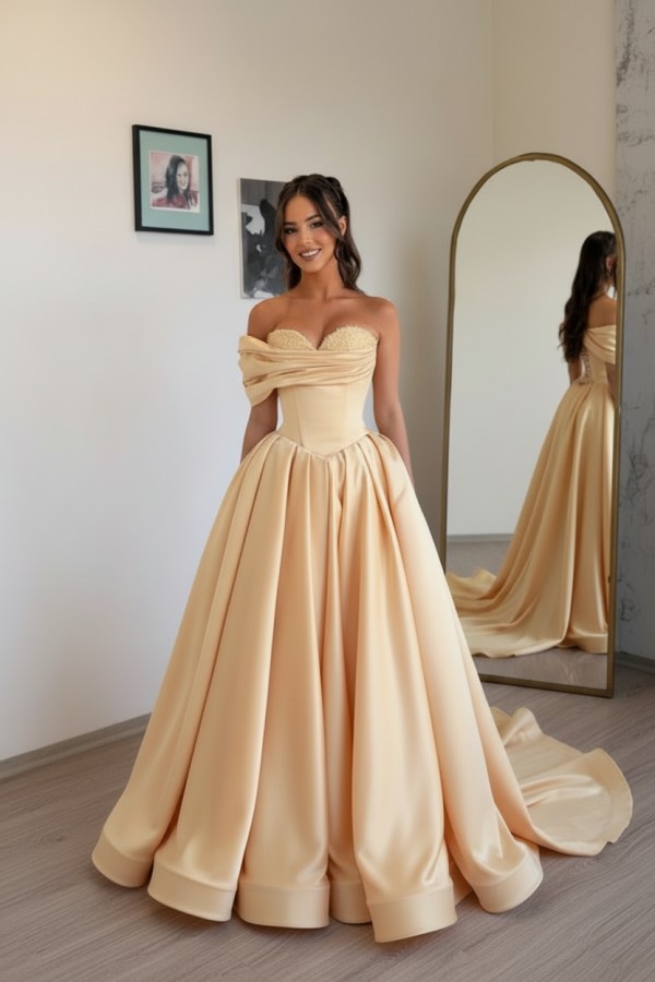 Schlichtes Abendkleid Lang Champagnergold Satin Ballkleid Günstig Online