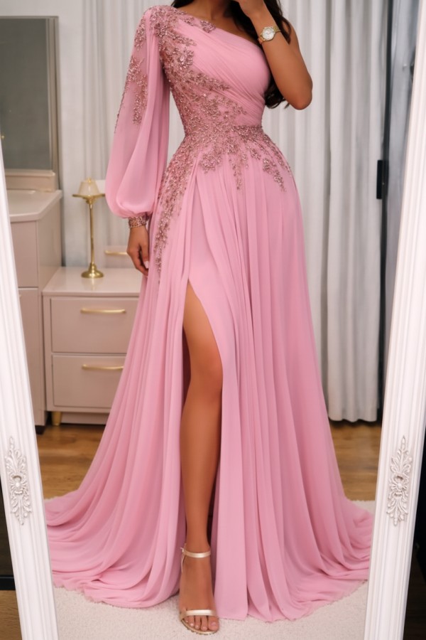 Elegante Abendkleider Lang Rosa Ballkleider Glitzer Mit Ärmel