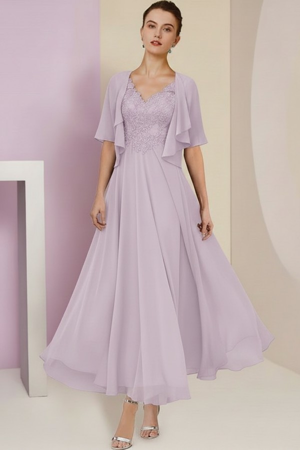 Elegant Rosa Brautmutterkleider Chiffon | Mutterkleider mit V-Ausschnitt