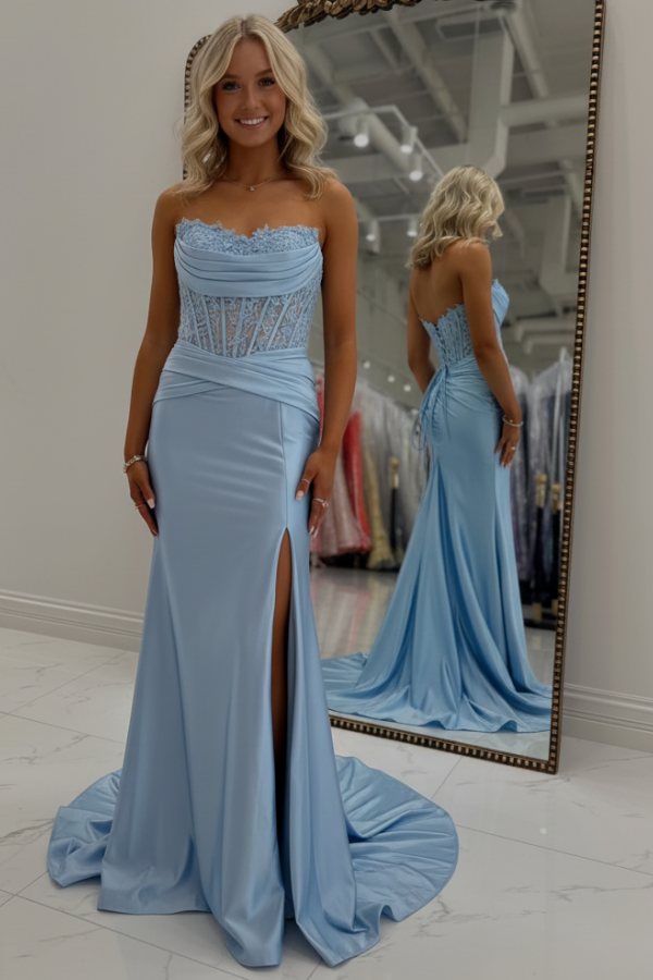 Himmel Blau Abendkleider Lang Günstig Ballkleider mit Spitze