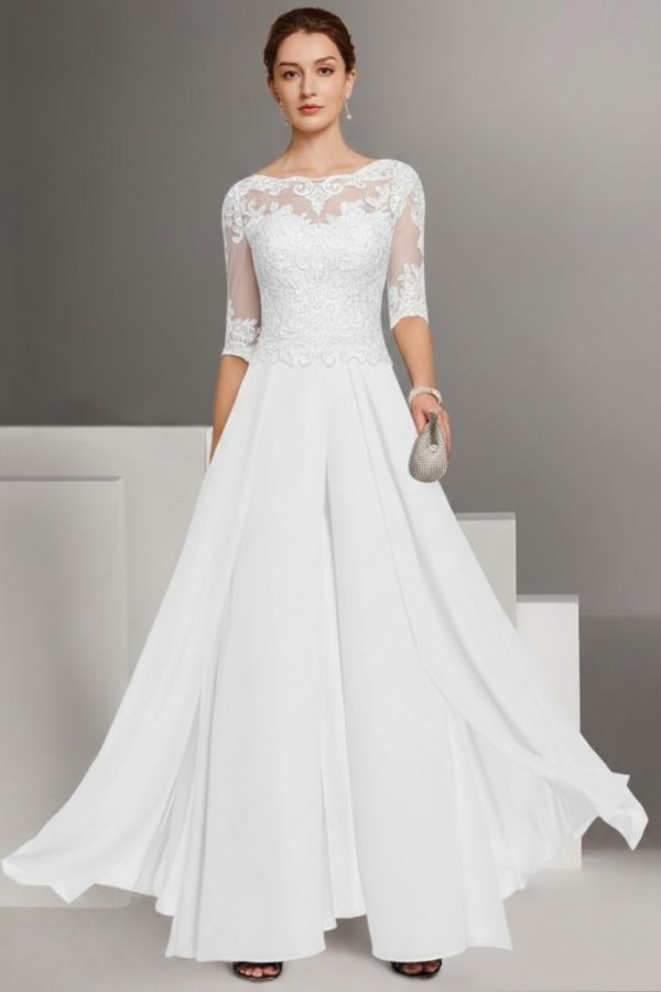 Brau Brautmutter Hosenanzug | Chiffon Brautmutterkleider mit Spitzenärmel