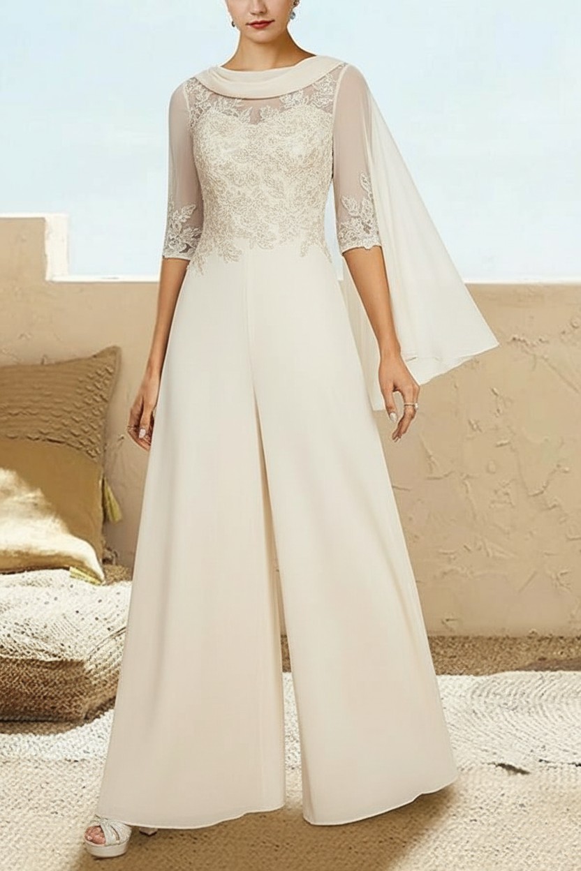 Navy Blau Jumpsuit Hosenanzüge Lang Chiffon Brautmutterkleider mit Ärmel