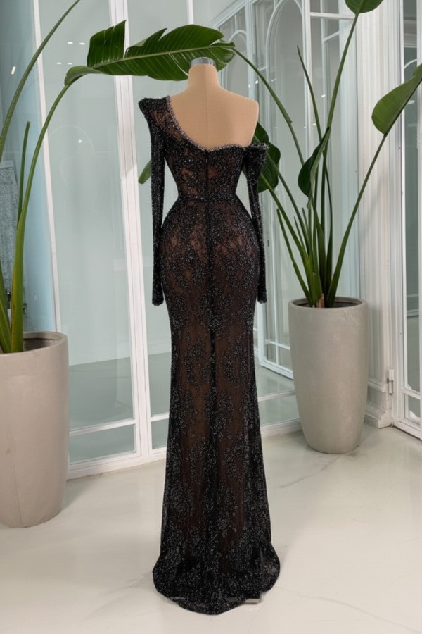 Vintage Abendkleider Lang Schwarz Spitze Ballkleider mit Ärmel