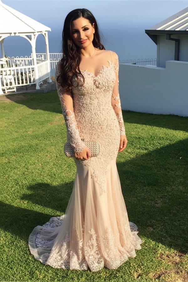 Schwarz Abendkleider Lang Ärmel Spitze Meerjungfrau Abendmoden Partykleider