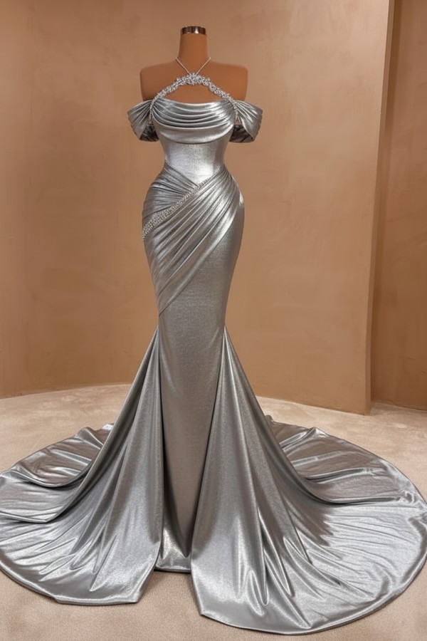 Silber Abendkleider Lang Meerjungfrau Stil Abiballkleider Ballkleid Mi